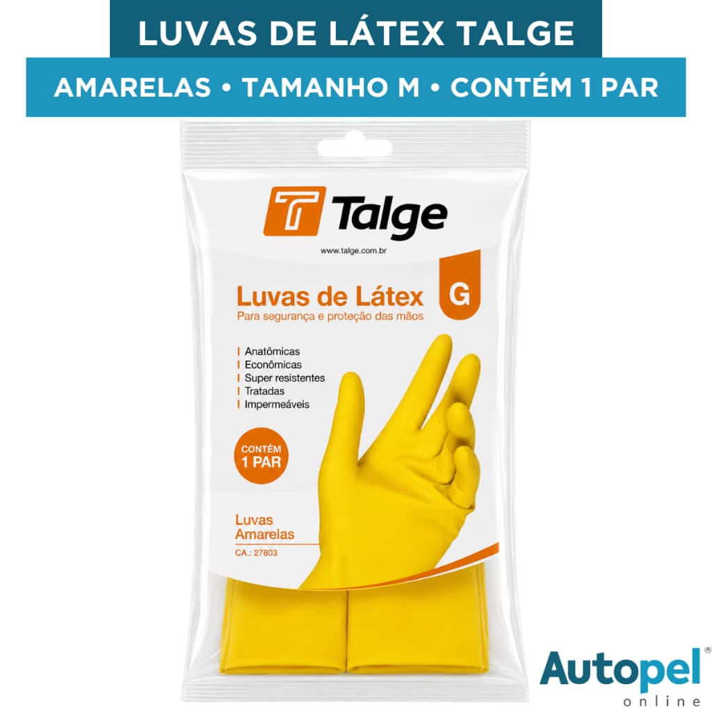 Luva de Látex Multiuso Amarela Talge Tamanho G 1 Par Antiderrapante Impermeável Reutilizável
