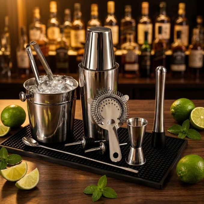 Kit Completo de Coquetelaria em Aço Inox – Coqueteleira, Dosador e Acessórios para Drinks (10 Peças)