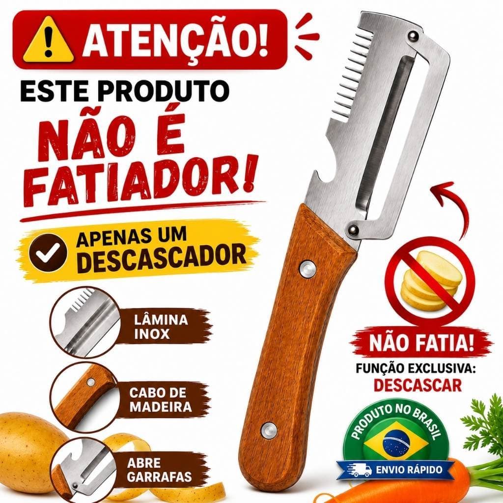 Descascador De Legumes em Inox Cabo Madeira 3 em 1 Batata Frutas Abridor De Garrafas