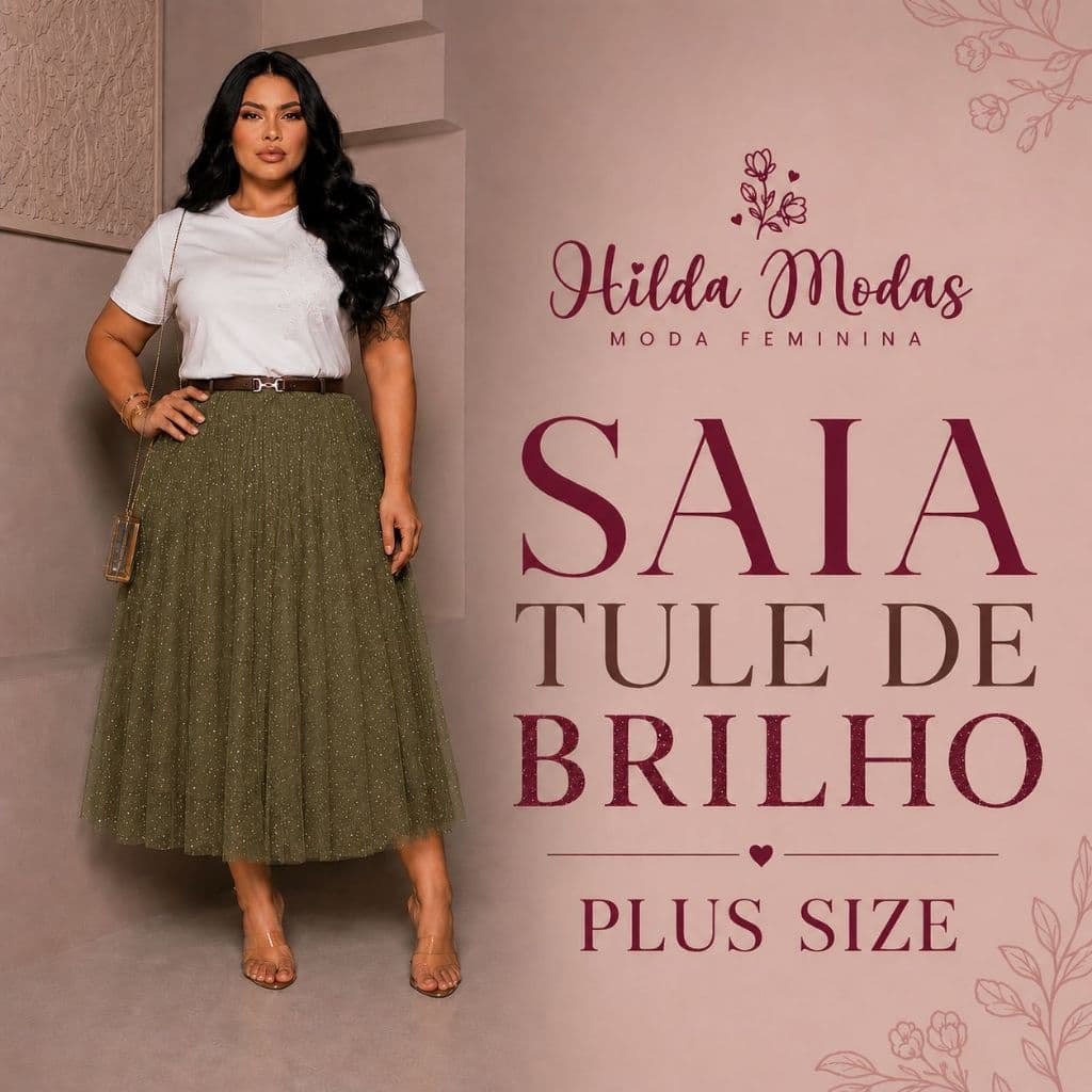 Saia PLUS SIZE G1, G2, G3, G4 Tule Cristal Midi Brilho Glitter forrada Moda evangélica Fardamento Festividade Congresso