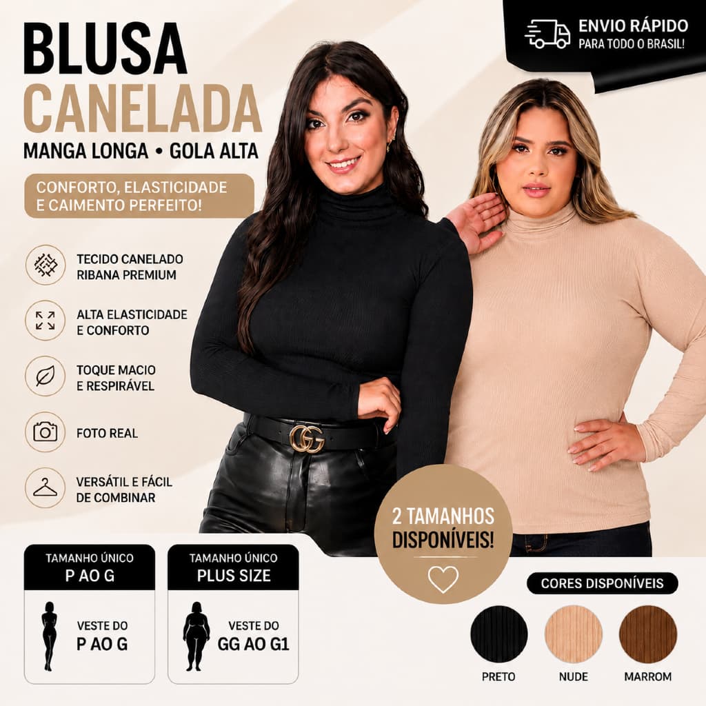 Blusa Cacharrel Feminina Manga Longa Gola Alta Ribana Canelada Preta Marrom Branca Nude Ajustada