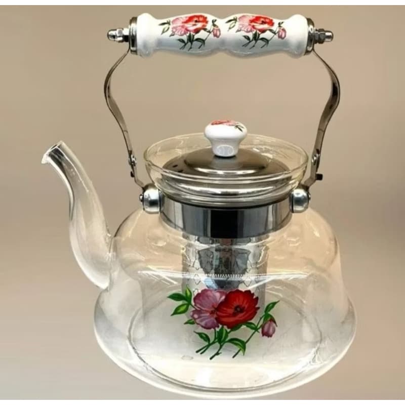 Chaleira de Vidro c/ Infusor - Estampada - 1 Litro - Pode ir ao Fogo - Chá Café Água - Alça de Inox