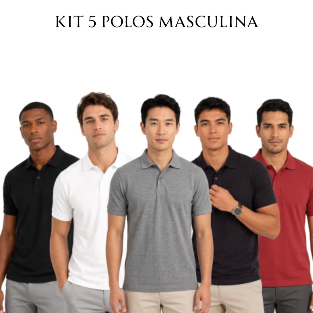 Kit Com 5 Camisas Polo Masculina Piquet Para Uniforme Empresas e Equipes