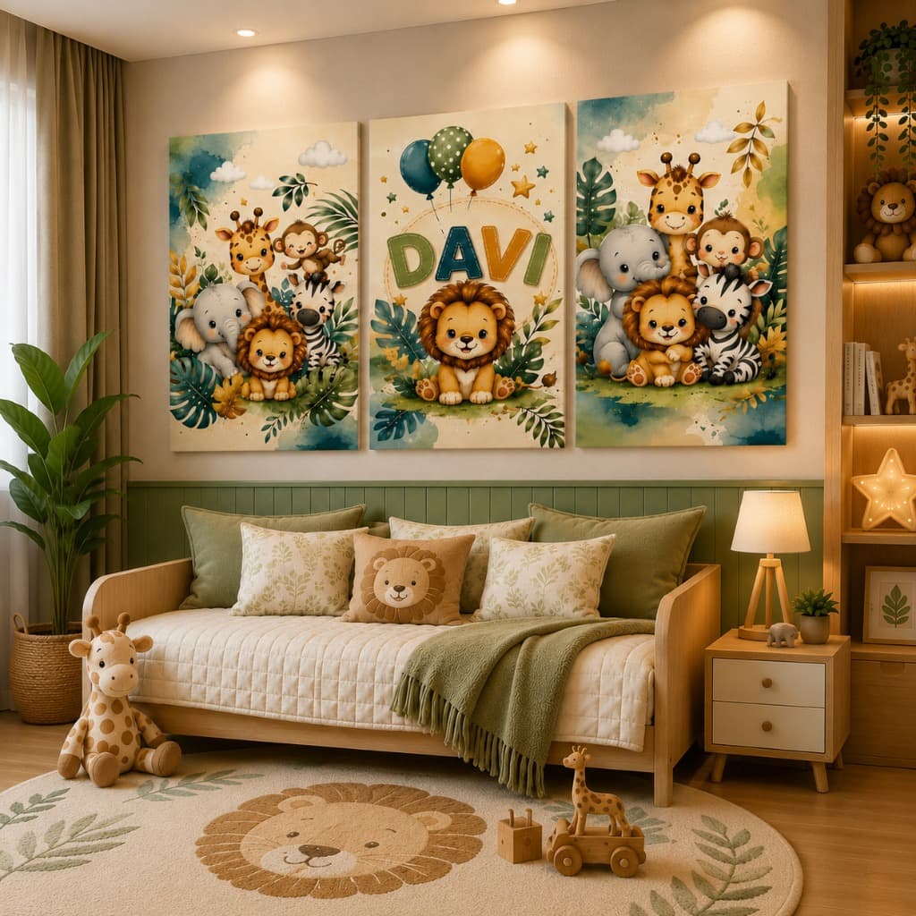 Kit 3 Quadros Safari Baby Personalizado com o Seu Nome para Quarto Infantil