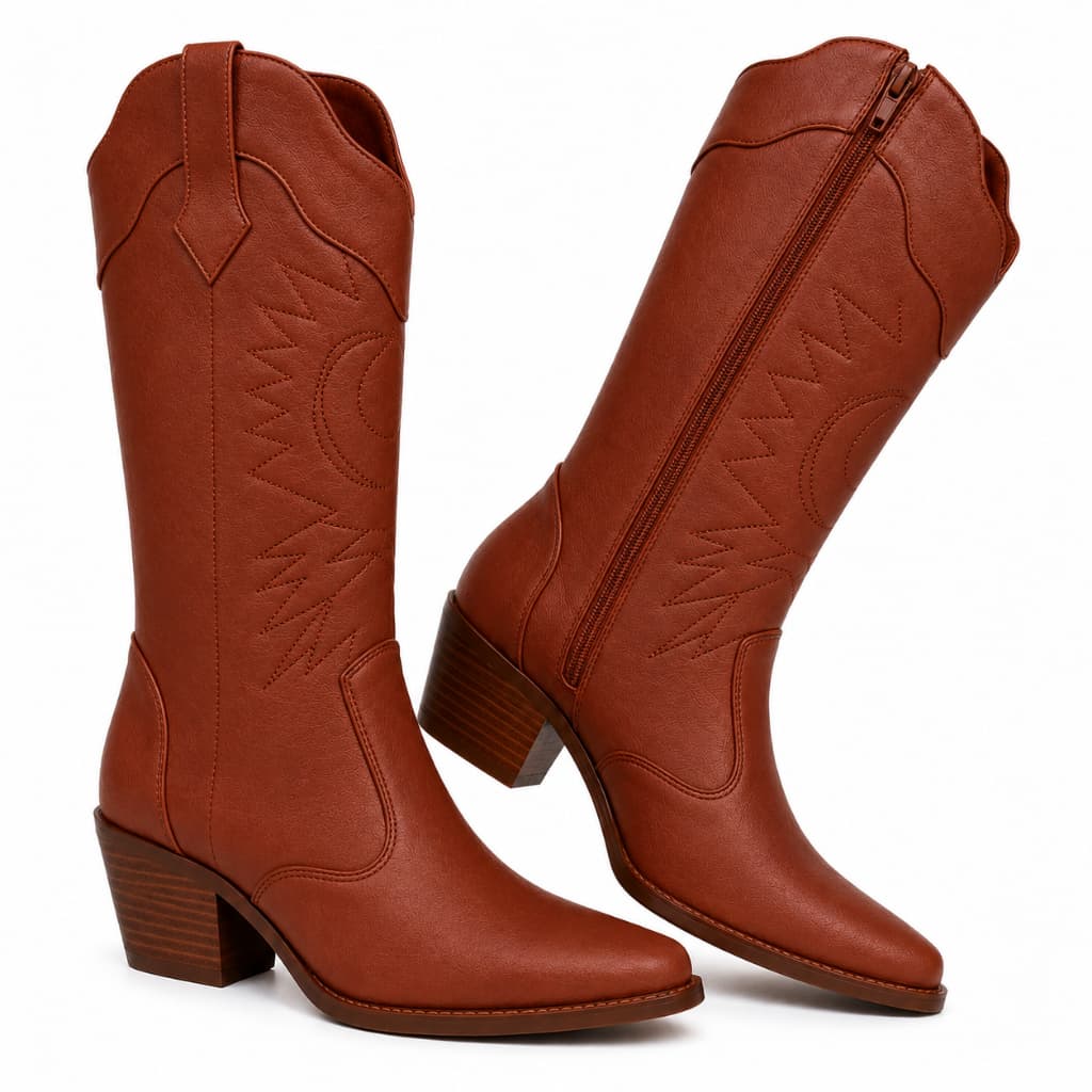 Bota Texana Feminina Cano Alto Salto Médio Western Bordada