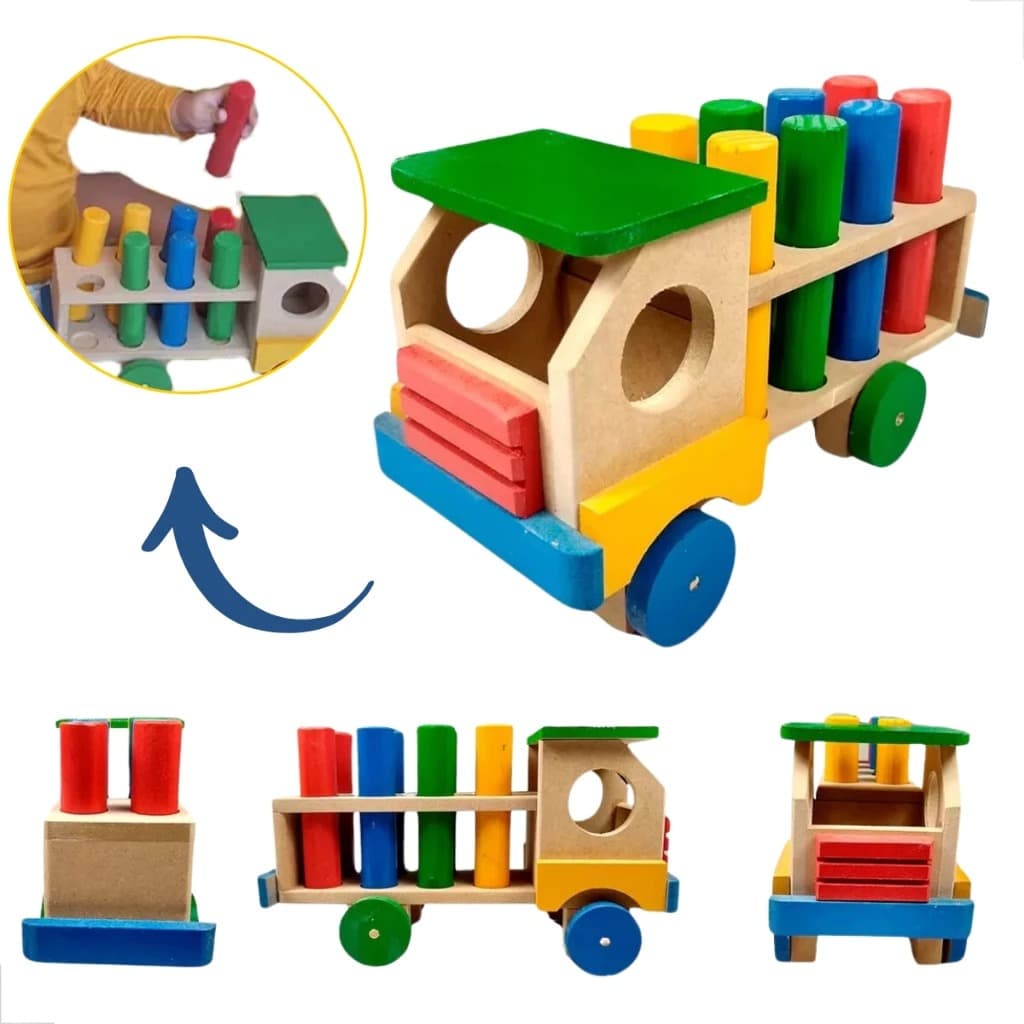 Caminhão Com Pinos Madeira Montessori Brinquedo Educativo De Encaixe