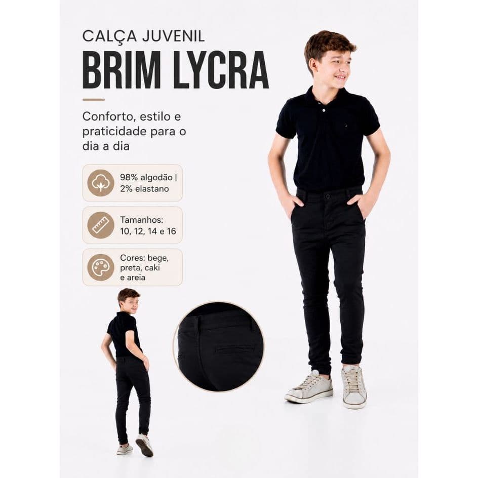 Calça Juvenil Masculina Brim Lycra Cintura Alta Slim  Casual Escolar Confortável Elastano Com Bolsos