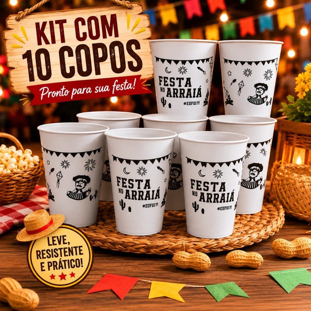 Kit 10 Copos Festa Junina 400ml Arraiá Copo Temático Reutilizável Festa São João