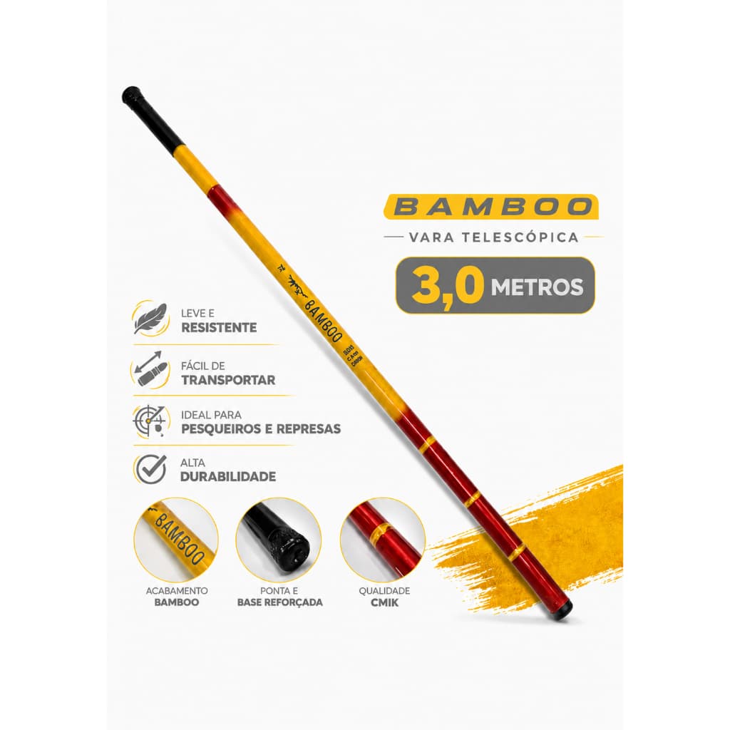 Vara Telescópica Lisa 3 Metros 51% Carbono Tilápia Piau e Lambari  bamboo