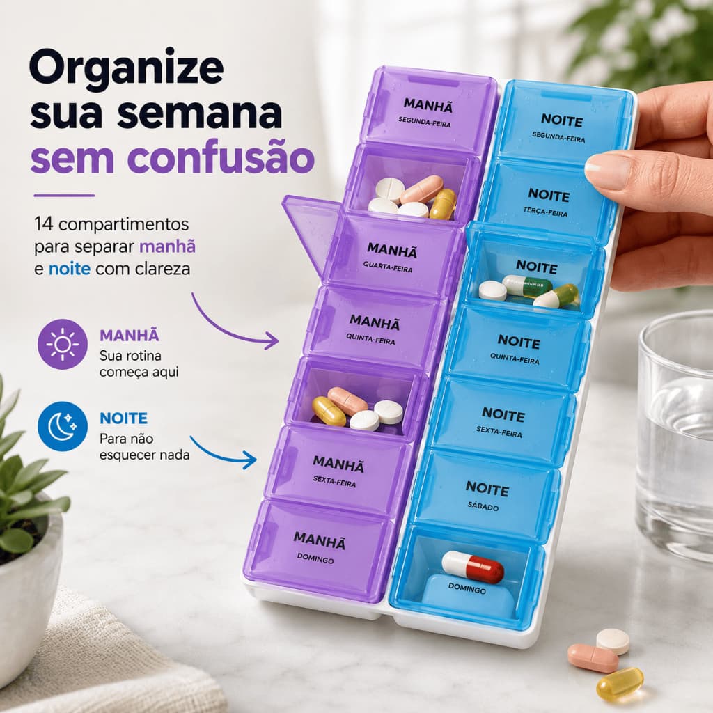 Porta Comprimido Semanal Diário 2 Semanas • Organizador de Remédios e Medicamentos Portátil Colorido