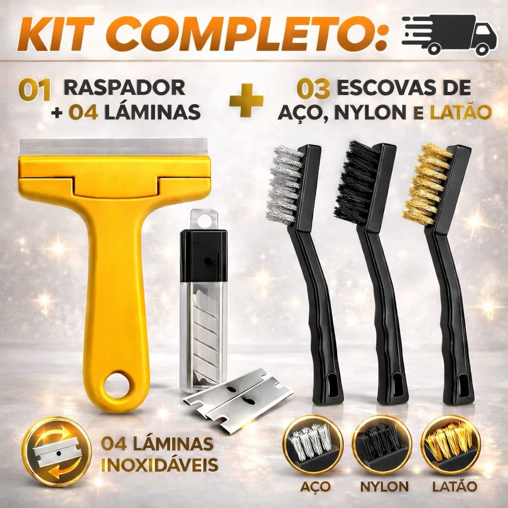 Raspador Multiuso e ou 3 Escovas de Aço, Nylon e Latão + 4 Lâminas Profissional / Limpeza Pesada