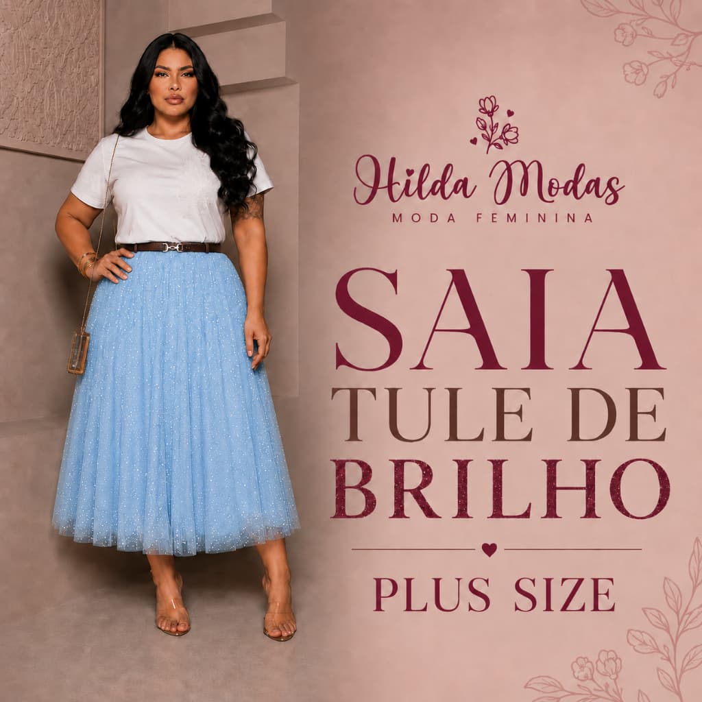 Saia PLUS SIZE G1, G2, G3, G4 Tule Cristal Midi Brilho Glitter forrada Moda evangélica Fardamento Festividade Congresso
