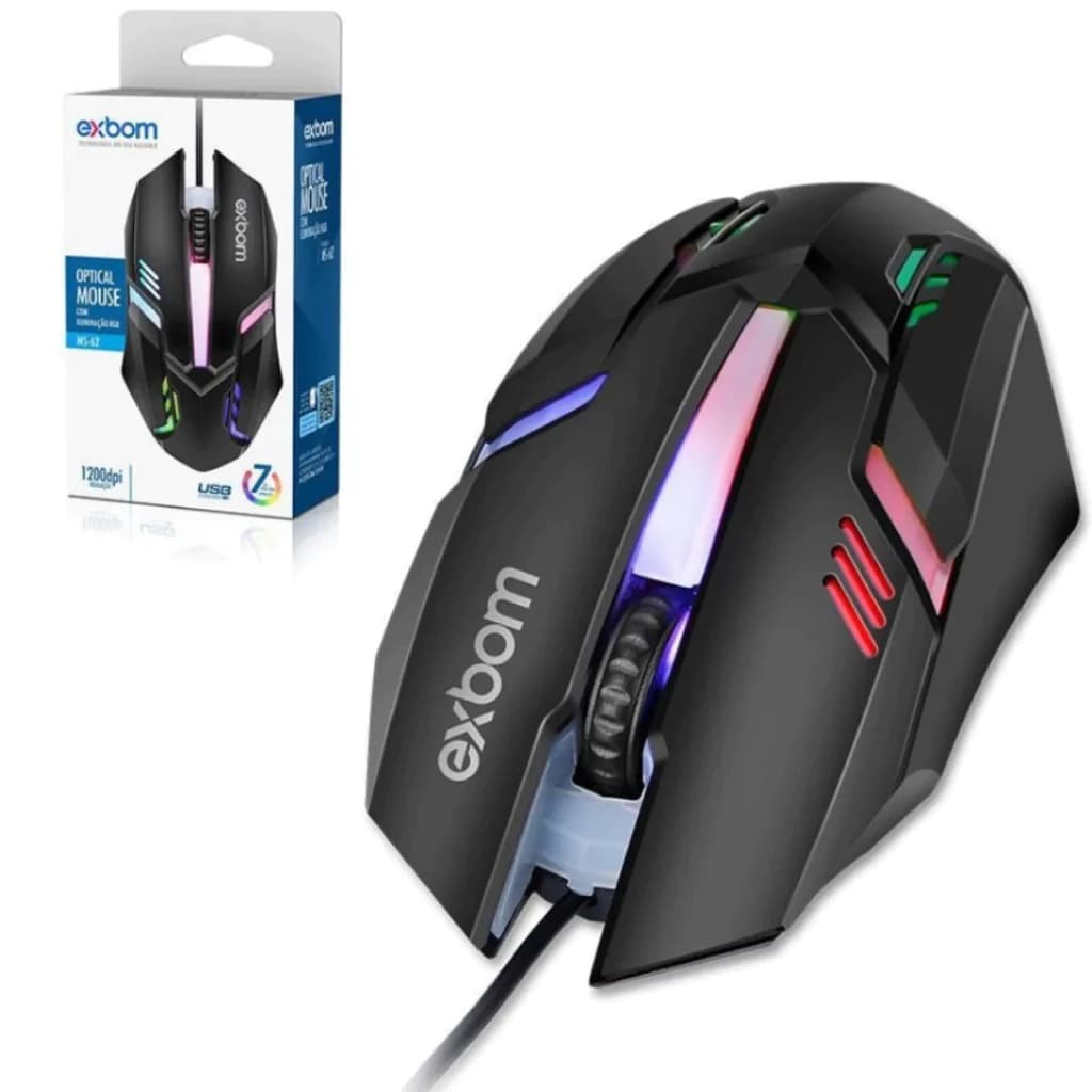 Mouse Gamer Exbom MS-62 Com Led RGB Ergonômico USB Alta Precisão