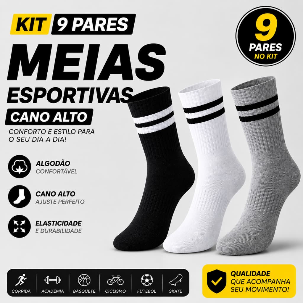 Kit 9 Meias Cano Longo Cano Longo Cano Alto 2 Listras Academia Treino