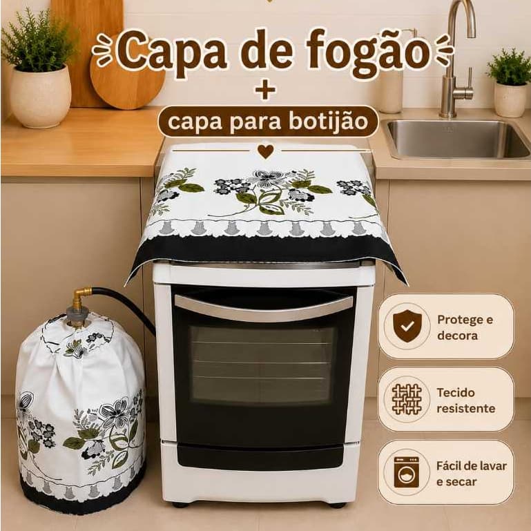Kit 2 Peças Capa Fogão 4, 5 ou 6 Bocas e Capa Botijão Cozinha Tecido Oxford Decoração com Qualidade