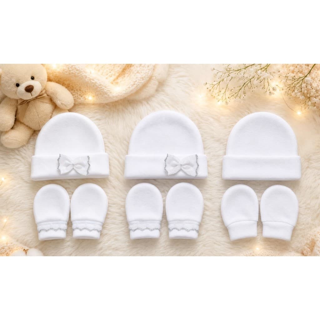 Kit Bebê Recém-Nascido Touca e Luva Soft, branco 0 a 2 Meses Unissex ou menina tres kits .Envio Rápido
