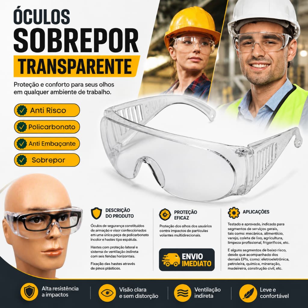 Kit 3 Óculos De Proteção Epi Segurança Sobrepor Outro Óculos Construção Marceneiro Químico