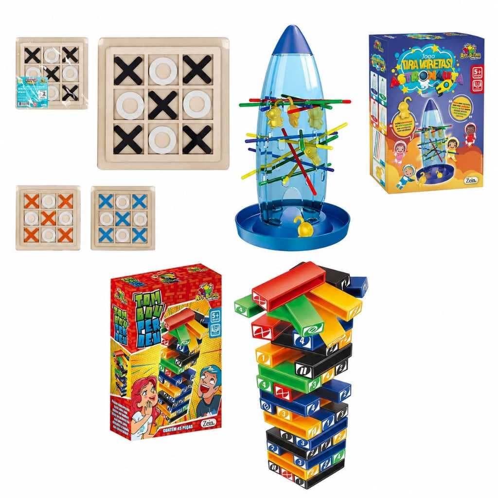 Kit 3 Jogos(Torre Tombou Perdeu+Jogo Da Velha+Tira Vareta Cai Astronauta)Divertido E Interativos