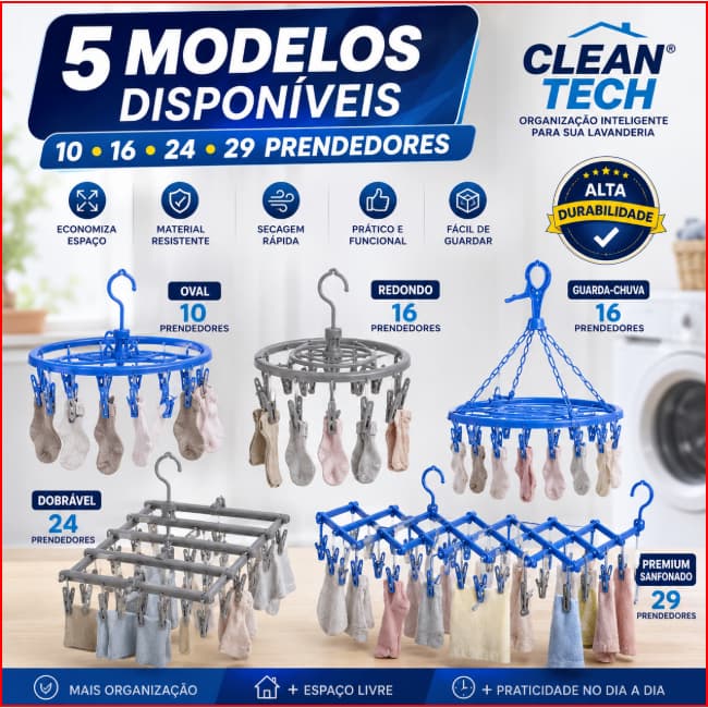 Varal Oval Redondo Guarda-Chuva Dobrável Premium Prendedores Coloridos Secagem Facil Compac Portatil