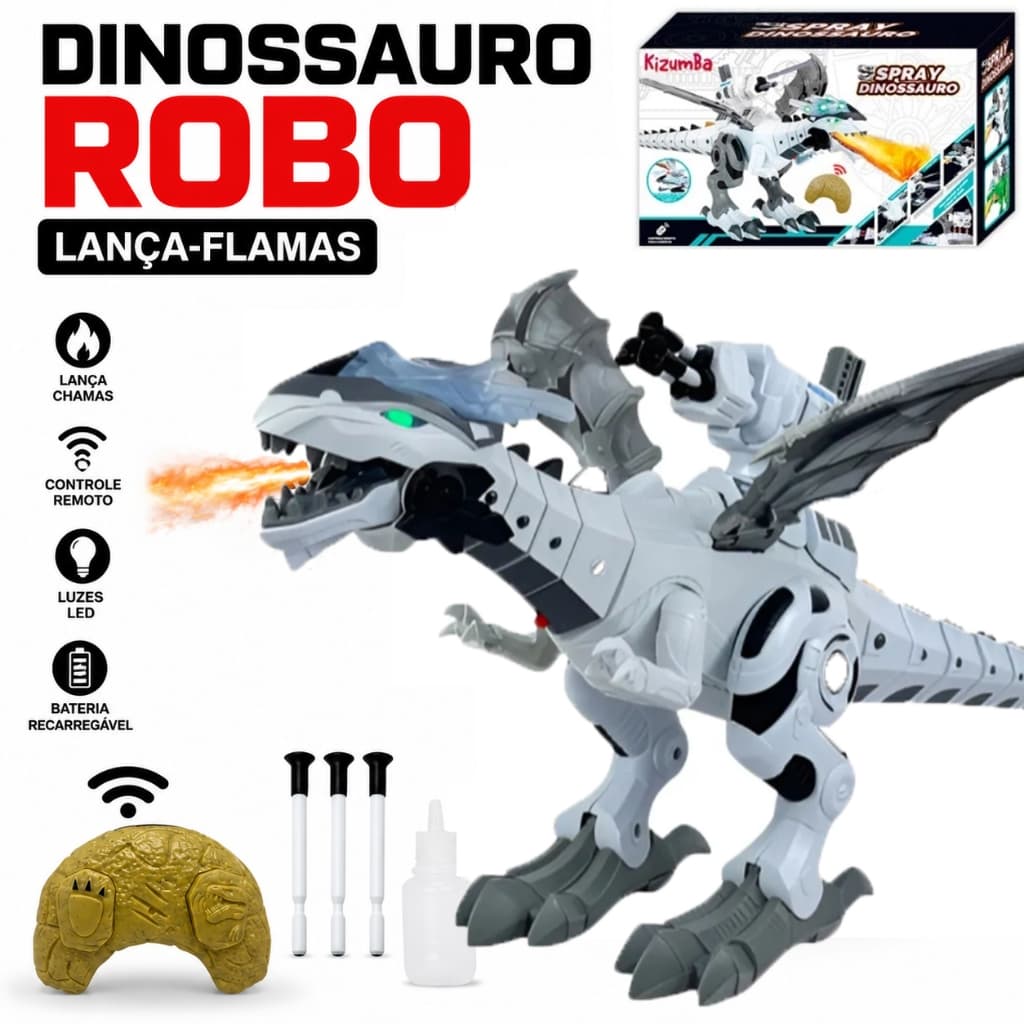 Dinossauro Robô Controle Remoto Solta Fumaça Luzes LED Anda Ruge Infantil