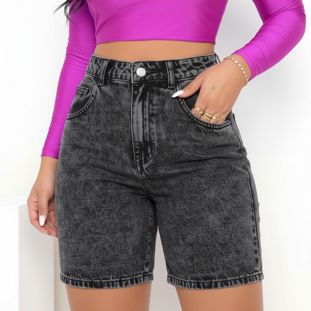 Bermuda Jeans Feminina Mom Cintura Alta Preta Marmorizada Com Bolsos