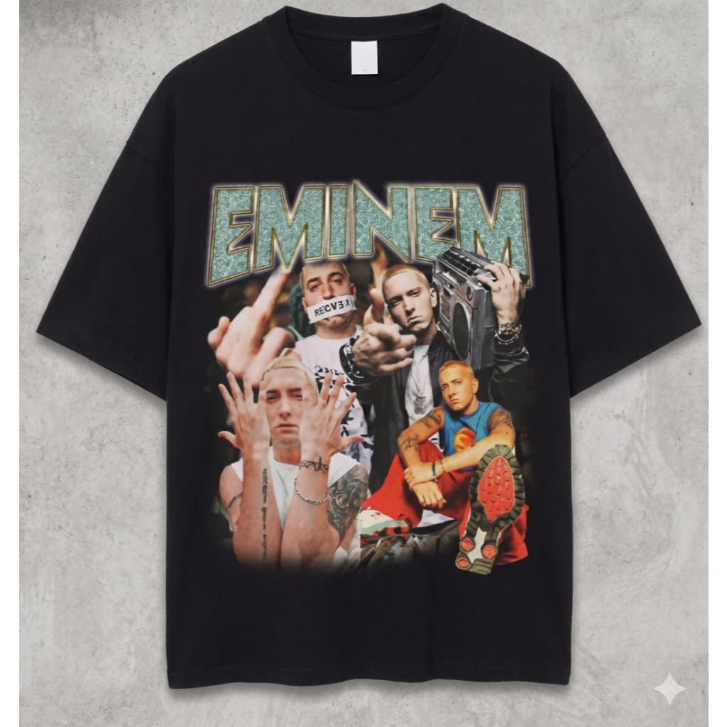 Camiseta Eminem Rap Hip Hop Preta Básica Lisa Algodão 30.1 Penteado Camisa Unissex Streetwear
