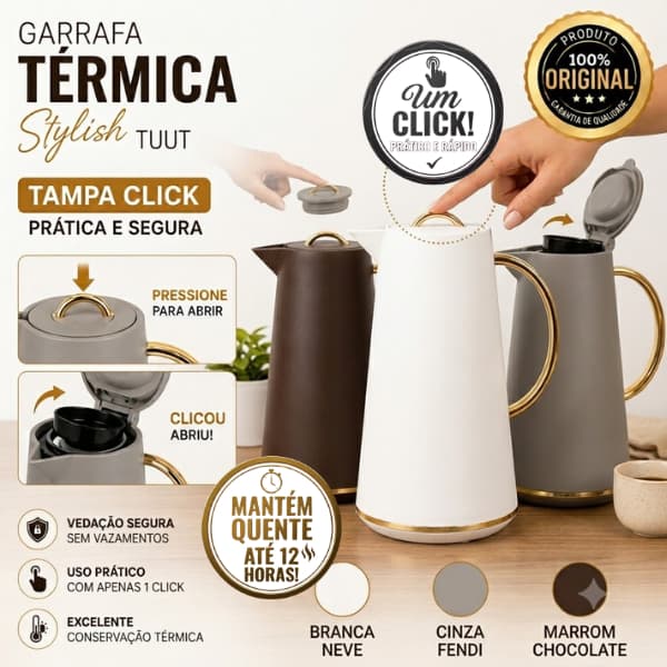 Garrafa Térmica Stylish 1Litro Café Chá Click | Mantém até 12 horas Quente | Branca / Cinza / Marrom