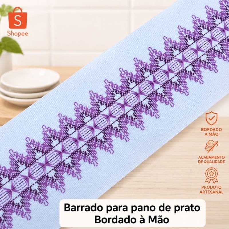 Barrado Bordado à Mão 50cm para Pano de Prato | Faixa Bordada em Micro Etamine | Artesanal