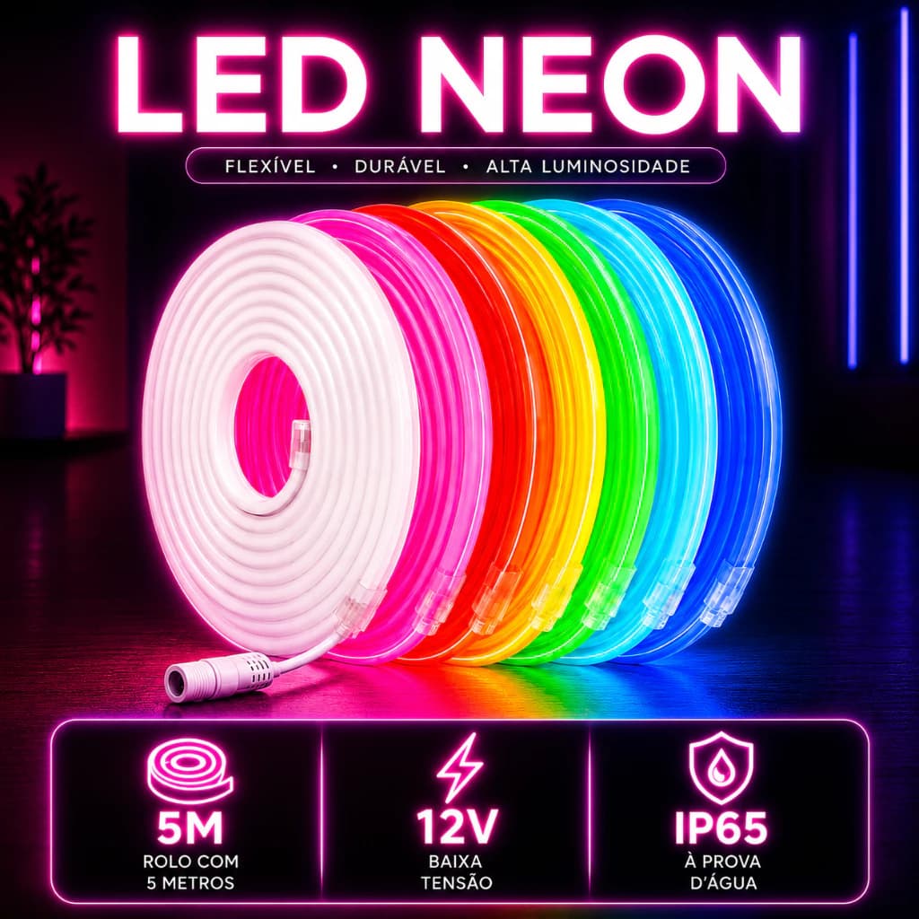 Mangueira de Led Neon Flex Luminosa Á prova D água IP65 Rolo com 5m 12v 6mm Primeira Geração 12watts