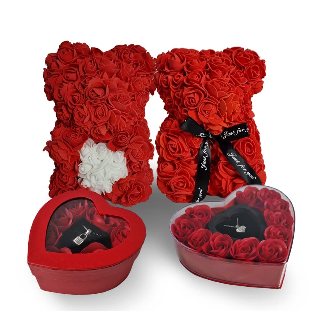 Kit Porta Joias Com Colar E Urso De Rosas Presente Vermelho