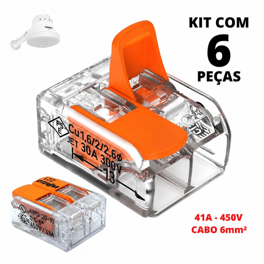 Kit 6 Peças Conector Wago Original 221-612 Emenda Chuveiro 2 polos 6mm 41A Conexão Automática