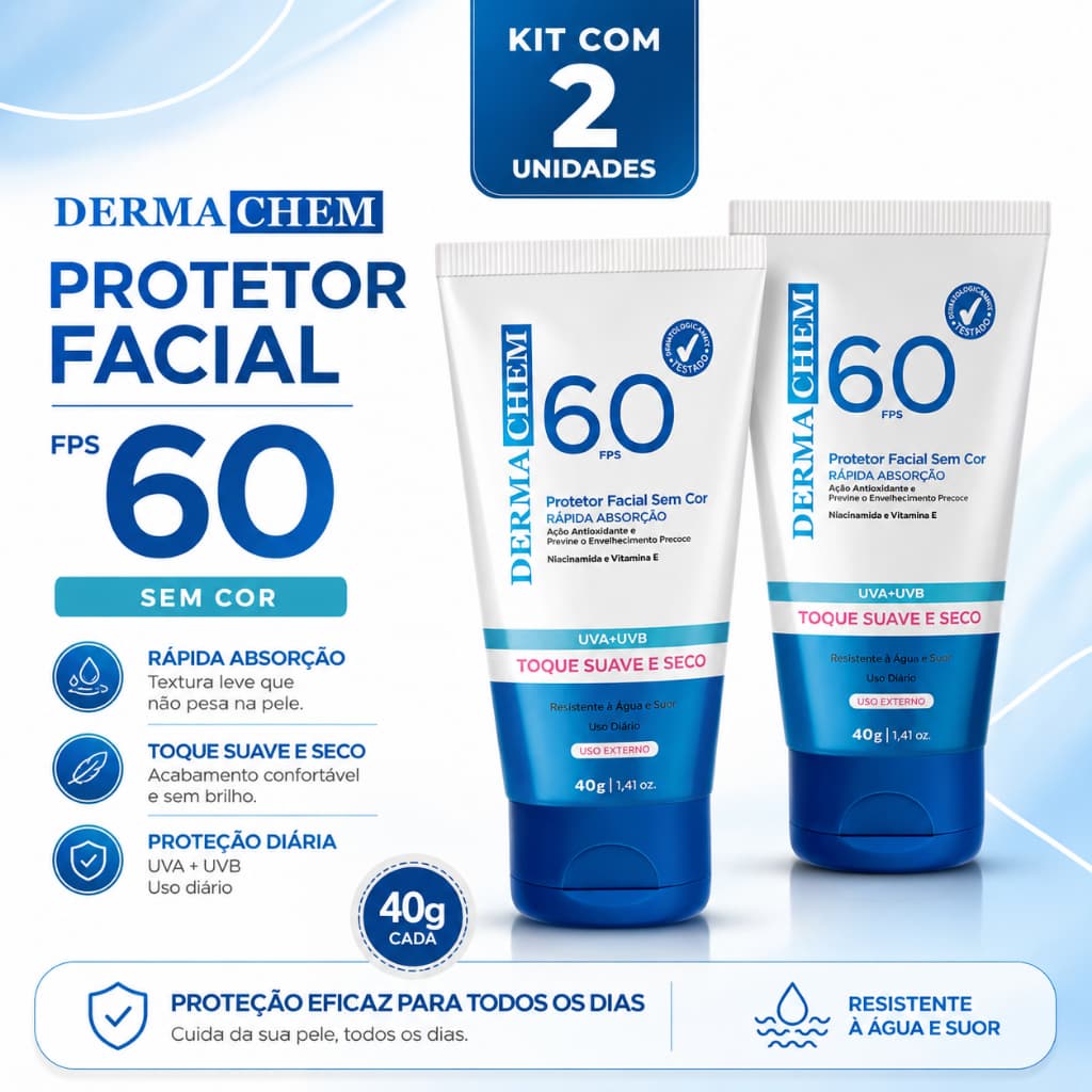 Kit 2/1 Protetor Solar Rosto FPS 60 Sem Cor Toque Seco Super Hidratante Rejuvenescedor 40g Dermachem