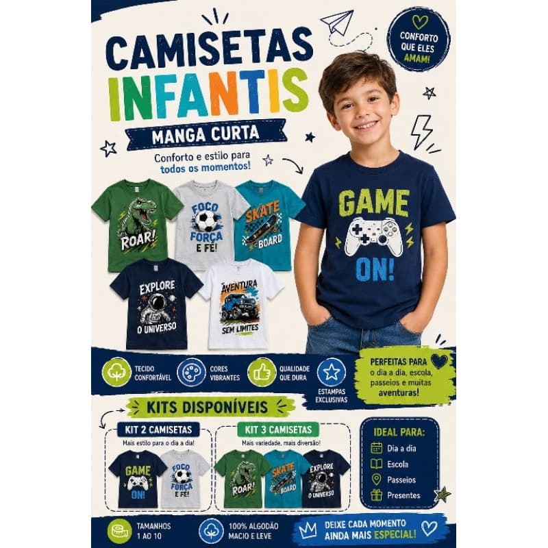 Kit com 2 camisas infantil kids em algodao de qualidade