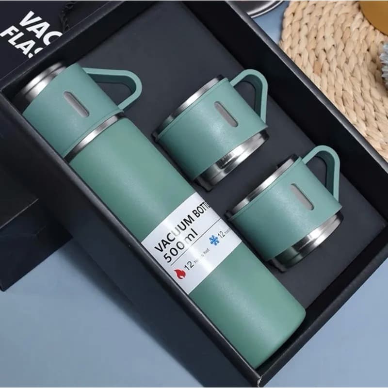 kit garrafa térmica inox 500ml com 3 xícaras camping viagem