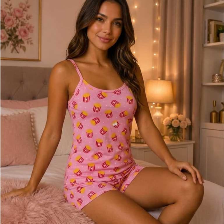 Pijama Babydoll com barrinha sem Personage de Alcinha Tecido Suede