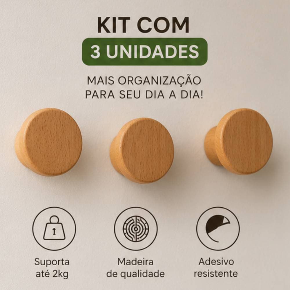 Gancho Adesivo Madeira Kit 3 Unidades Autocolante Sem Furos Porta Toalha Chaves - Redondo Roupas