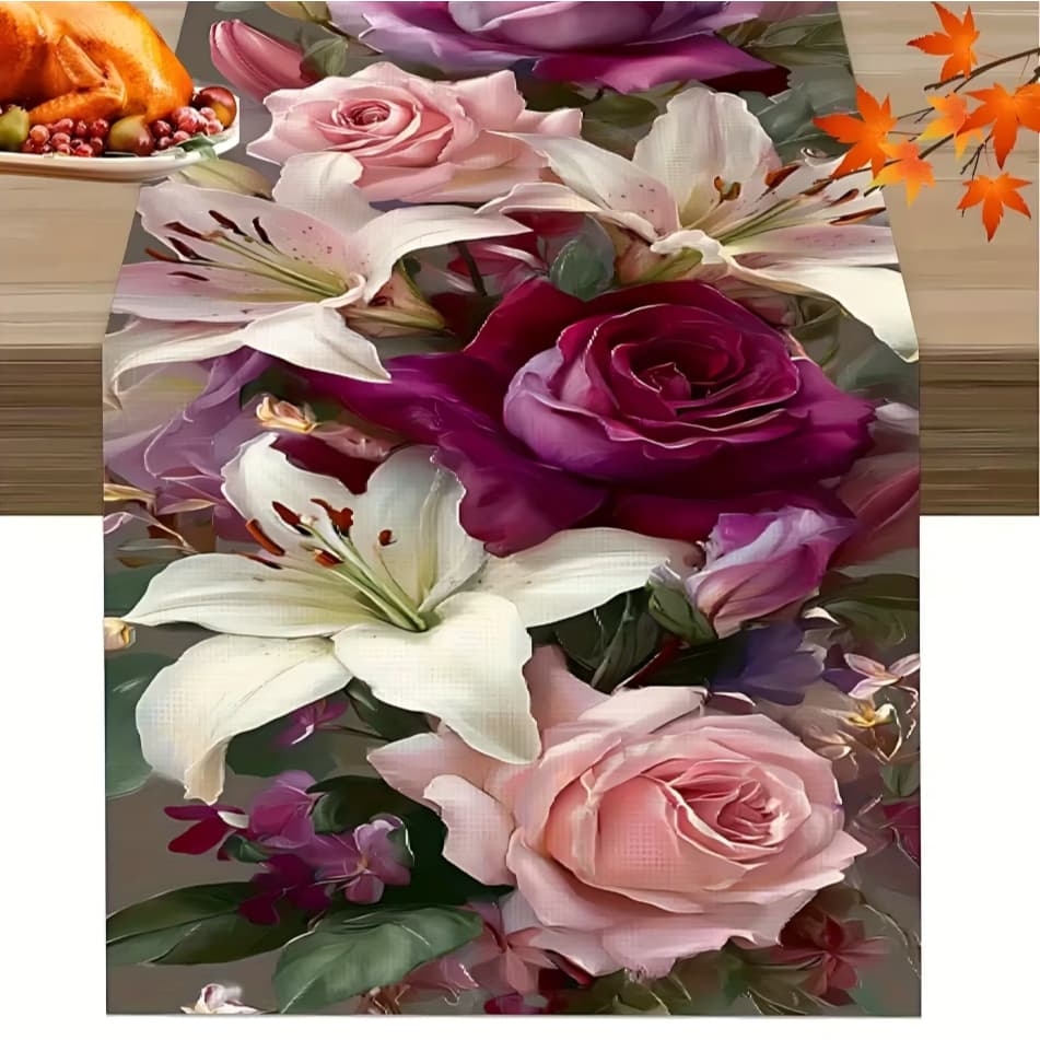 1 Caminho de Mesa com Padrão Floral de Lírios de Rosa, Lenço de Mesa de Primavera Verão, Design Floral Requintado