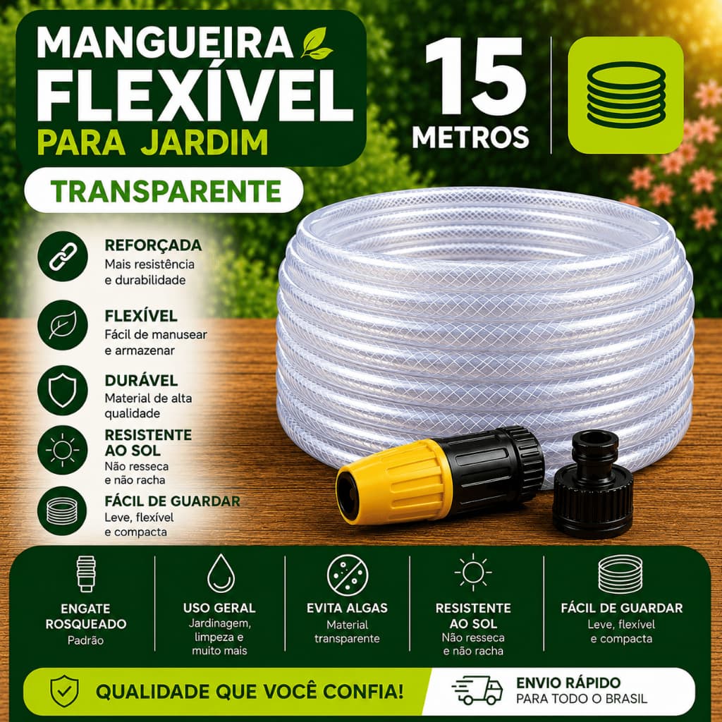 Mangueira Flexível 15 metros para jardim Resistente quintal transparente cristal com engate e esguicho Force Line