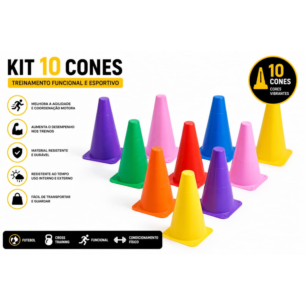 Kit Treino Funcional Agilidade 10 Cones Treinamento Futebol Futsal Academia