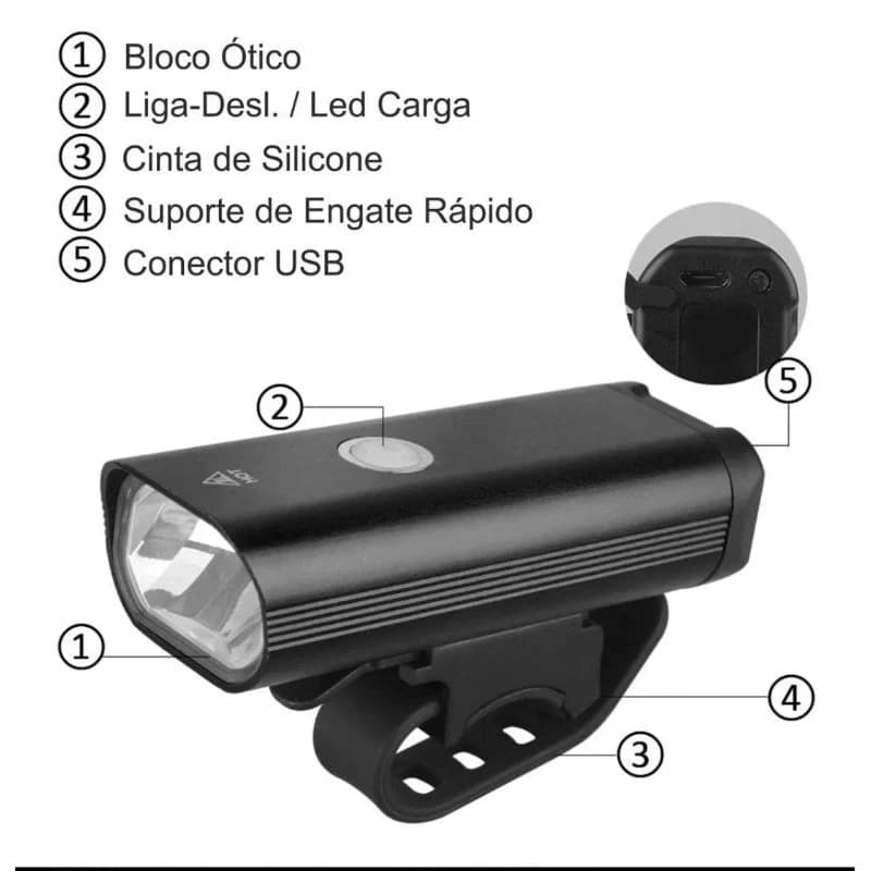 Farol Lanterna Bike Recarregável 3 Focos Led Cree + Cabo Usb - 1800 mAh 3,7v -HX-1801