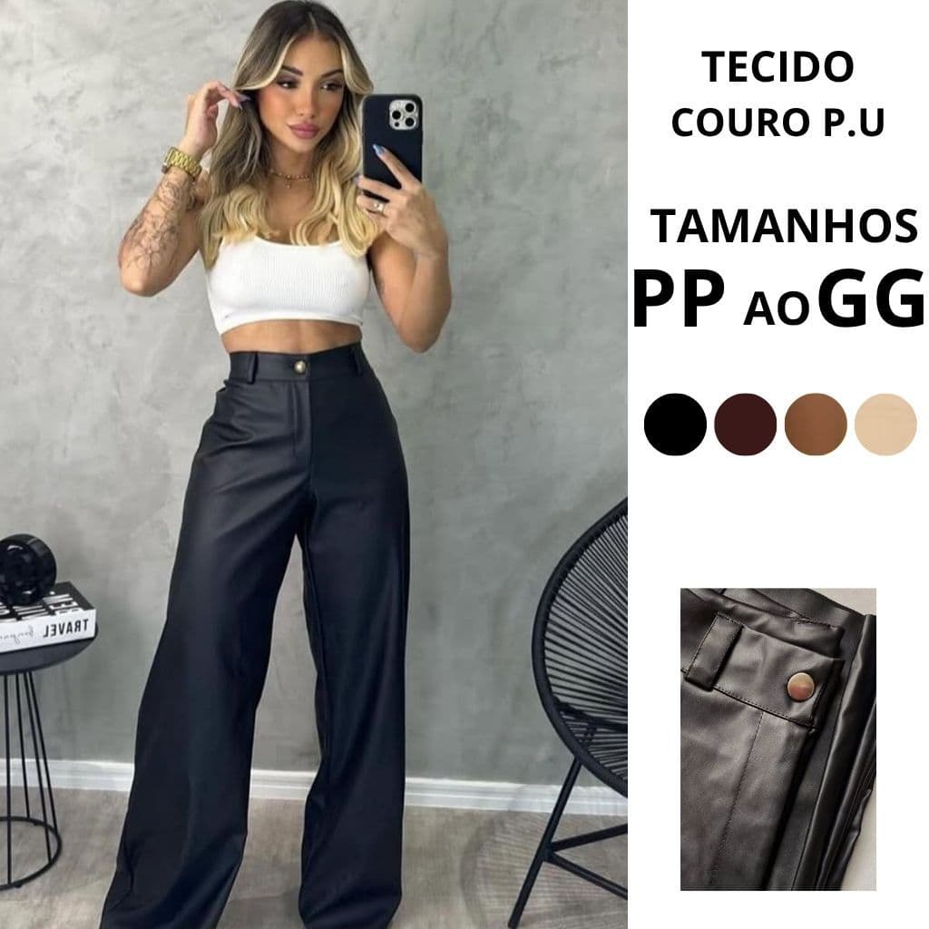 Calça de couro Pantalona Feminina Couro Sintético Premium Wide Leg Social Elegante Cintura Alta