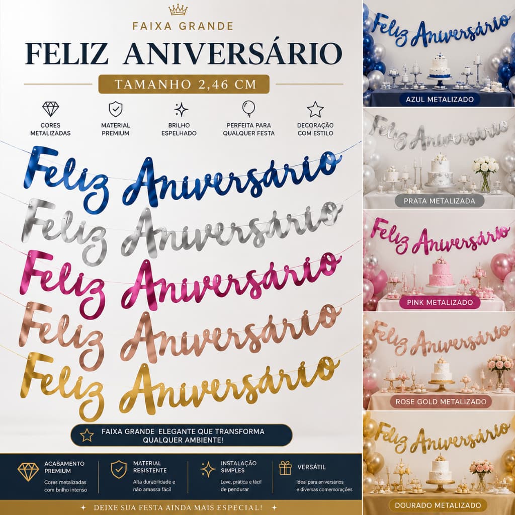 Faixa Feliz Aniversário Cores Metalizada para Decoração de Festas e Eventos Personalizados
