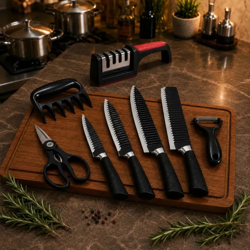Kit Jogo De Facas Inox Conjunto 9 Peças Cozinha Churrasco Tesoura Descascador Tabua Brinde Aquattro