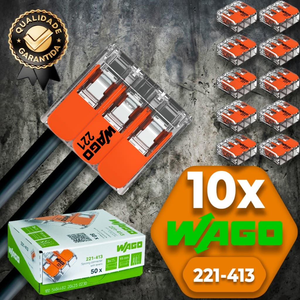 Conector de Fio Elétrico Wago 221-413 Conector Wago Emenda 4mm² 32A Conexão Automática Kit 10 peças