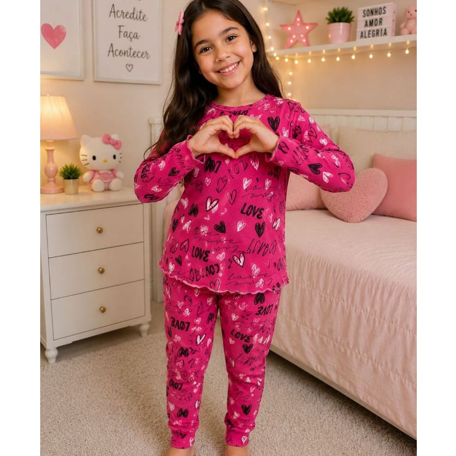 Pijama Infantil Manga Longa de Suede, Confortavel.
