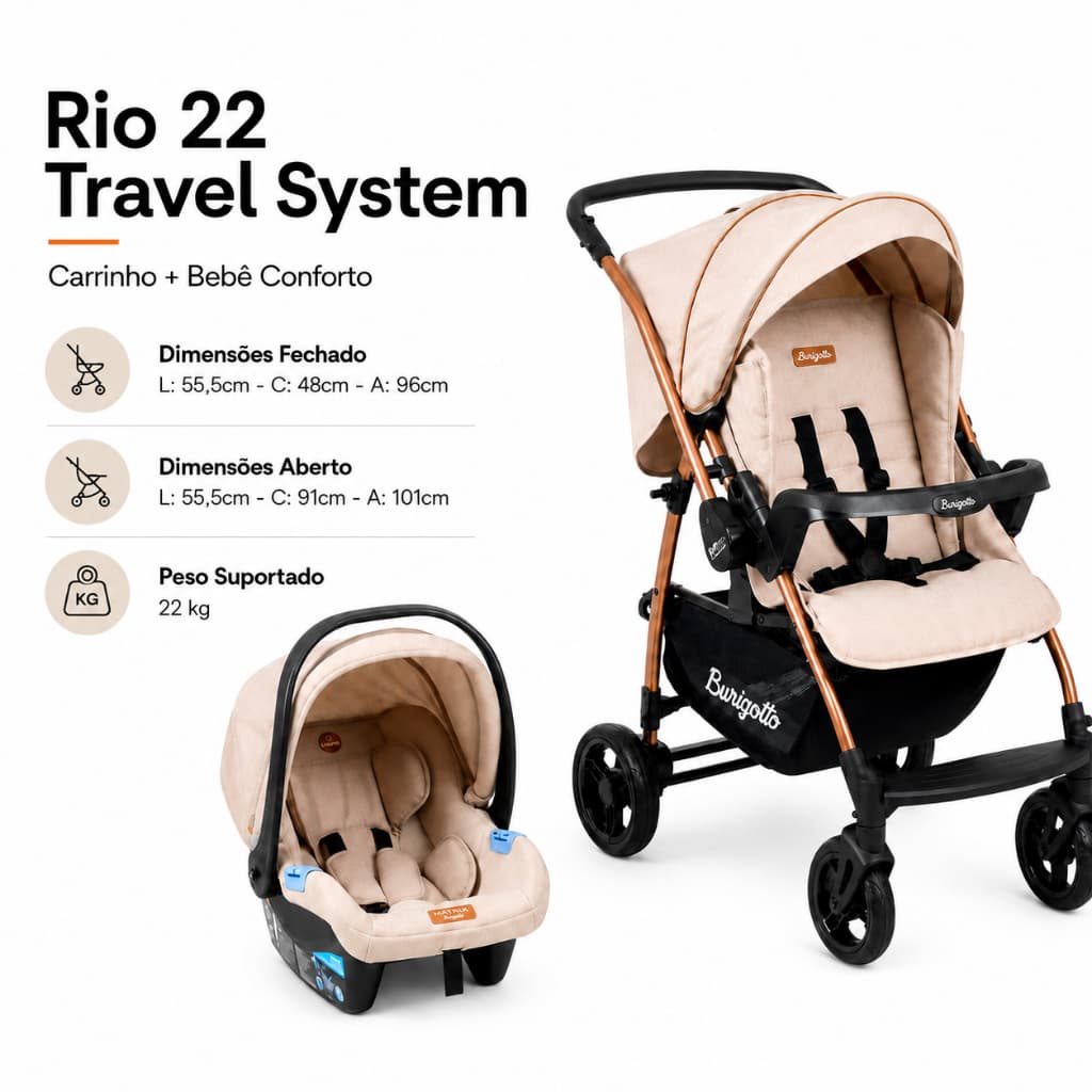 Carrinho De Bebê Burigotto Travel System Rio 22 Bebe Conforto Passeio 4 Rodas