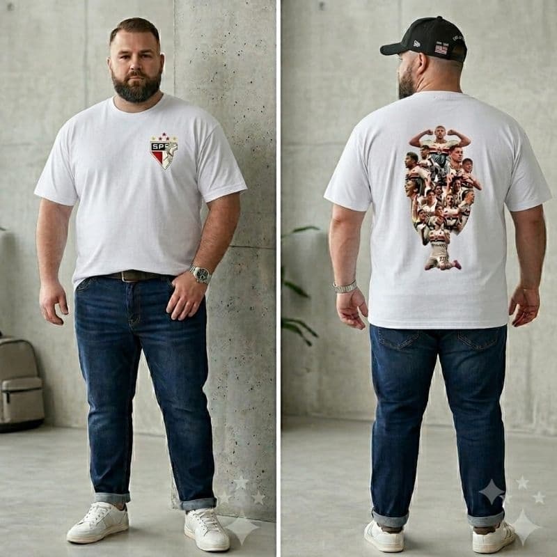Camiseta São Paulo Oversized 100% Algodão Unissex Estampa Jogadores Costas Escudo Frente Streetwear Torcedor Tricolor