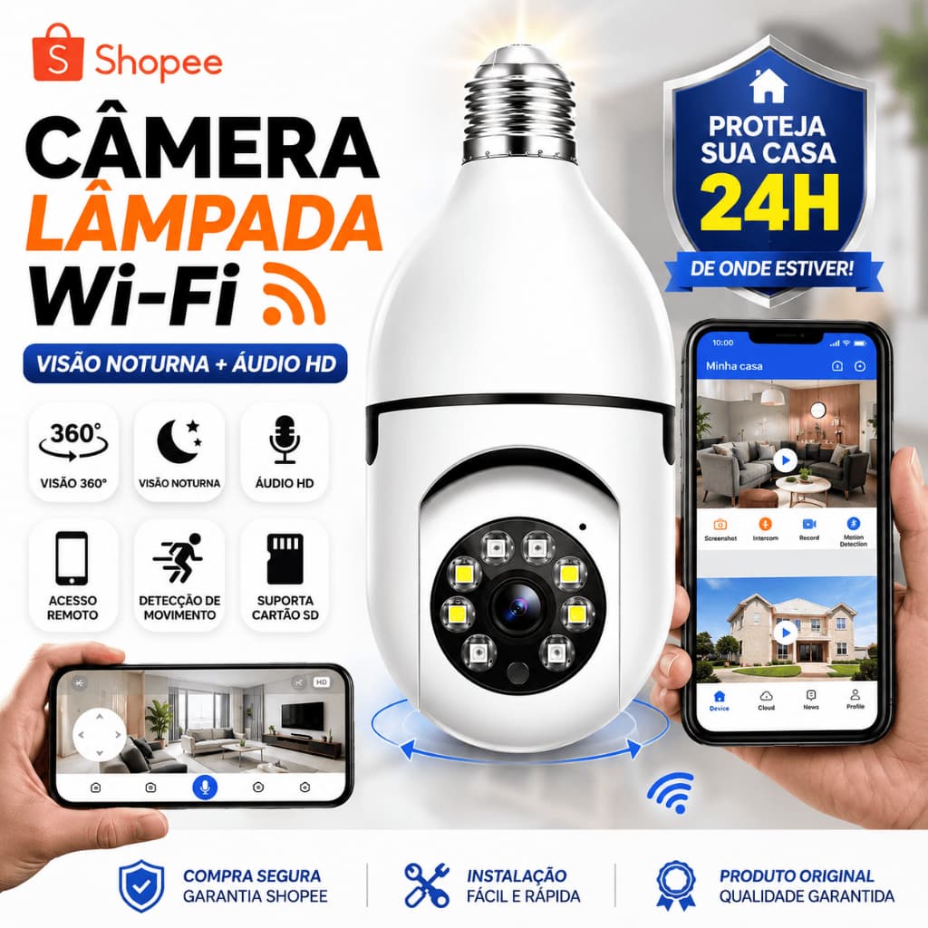 📹 Câmera Segurança IP 360° WiFi Lâmpada Visão Noturna com Áudio HD Android iOS Monitoramento