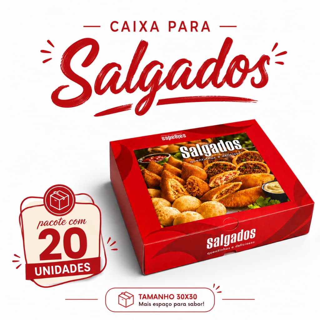 Caixa De Salgados Personalizada - Embalagem Tamanhos P M G e GG - 20 Unidades