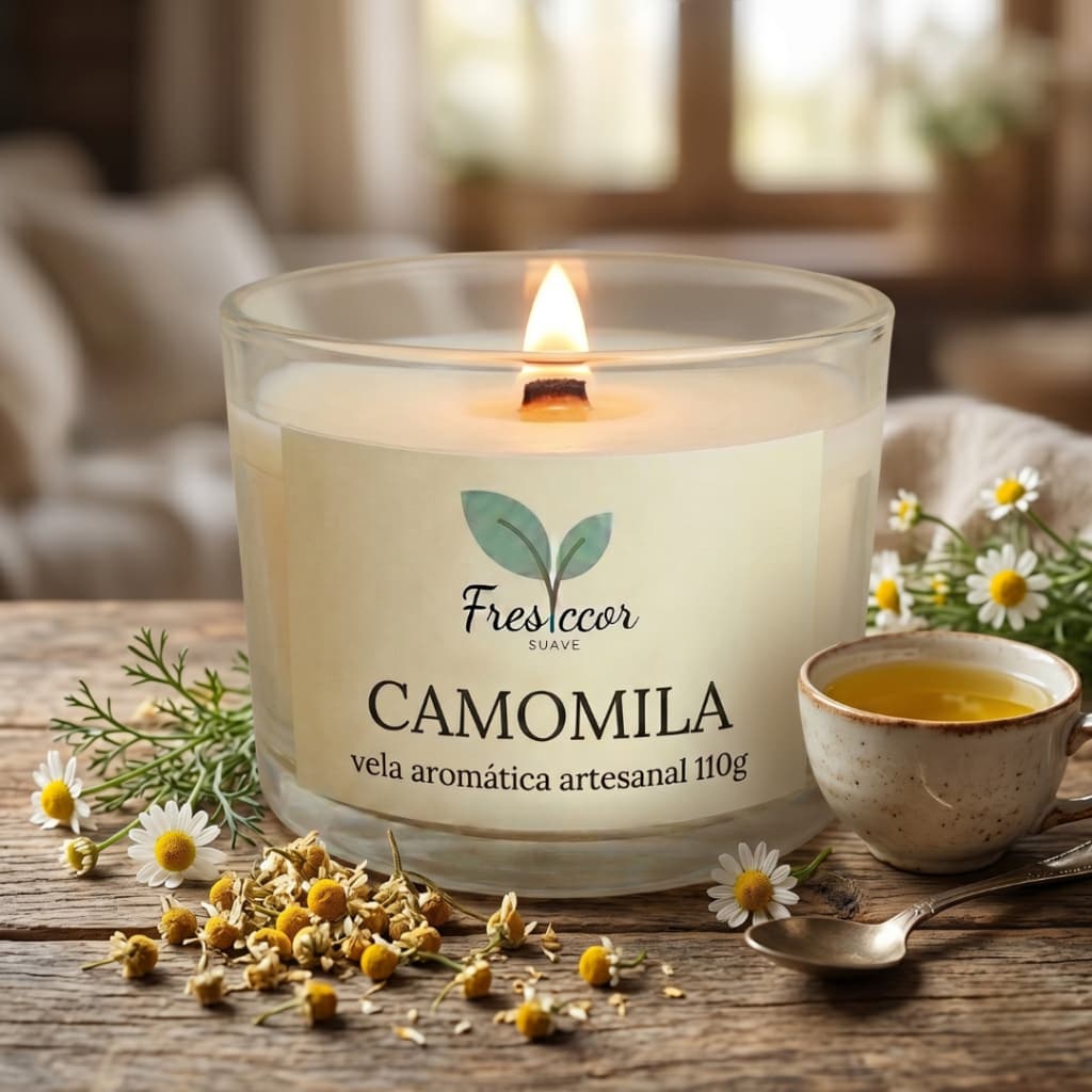 Vela Aromática Artesanal Camomila 110g – Cera de Coco Pote de Vidro e Tampa de Madeira - Calmante